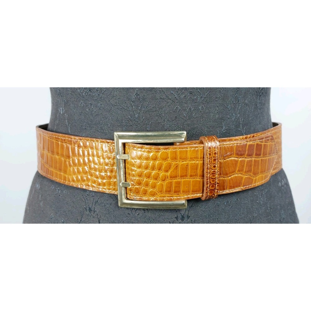 VTG‎ 80s Ginnie Johansen Wide Leather Belt Tan Crocodile Embossed Brass Buckle
